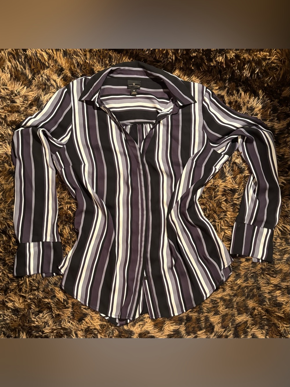 Worthington Black, White & Purple Striped Button-Down Blouse